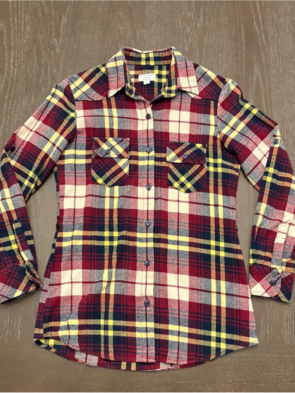 Matchstick Women’s S Plaid Button-Down Shirt in Red, Navy & Yellow